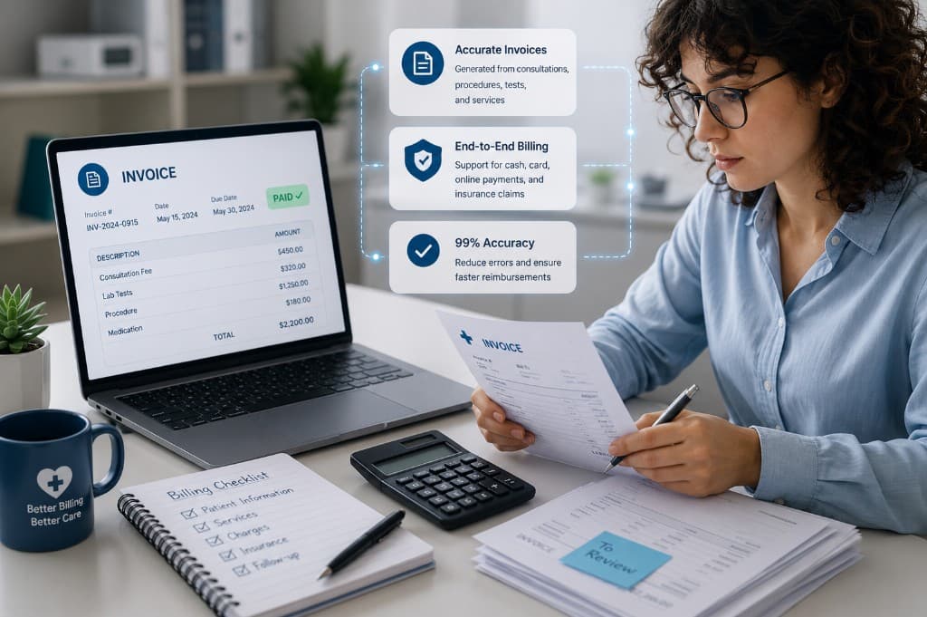 Automated invoices with accurate billing, payments, and insurance claims