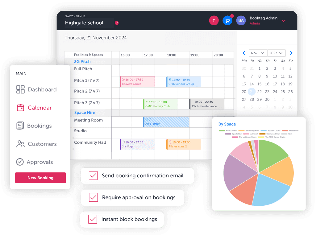 Booking management dashboard with live calendar and facility scheduling