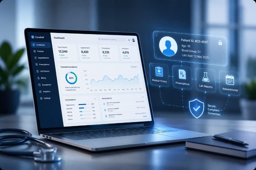 Secure patient profile with medical history, prescriptions, lab reports, and appointments