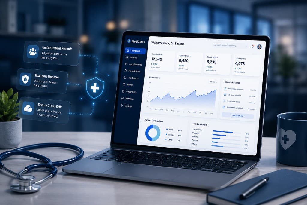 Secure cloud EHR with unified patient records, real-time updates, and ABHA-ready workflows