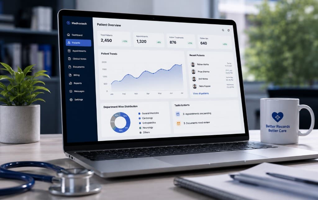 Medhostech patient management dashboard with patient overview and clinical records