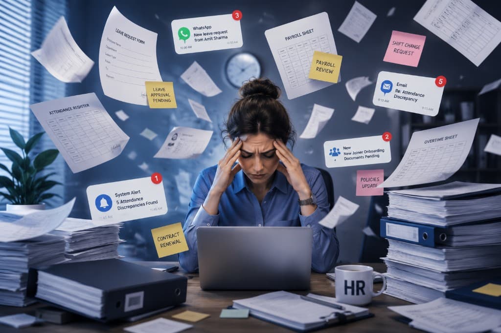Overwhelmed HR professional buried in paperwork, leave requests, and payroll sheets