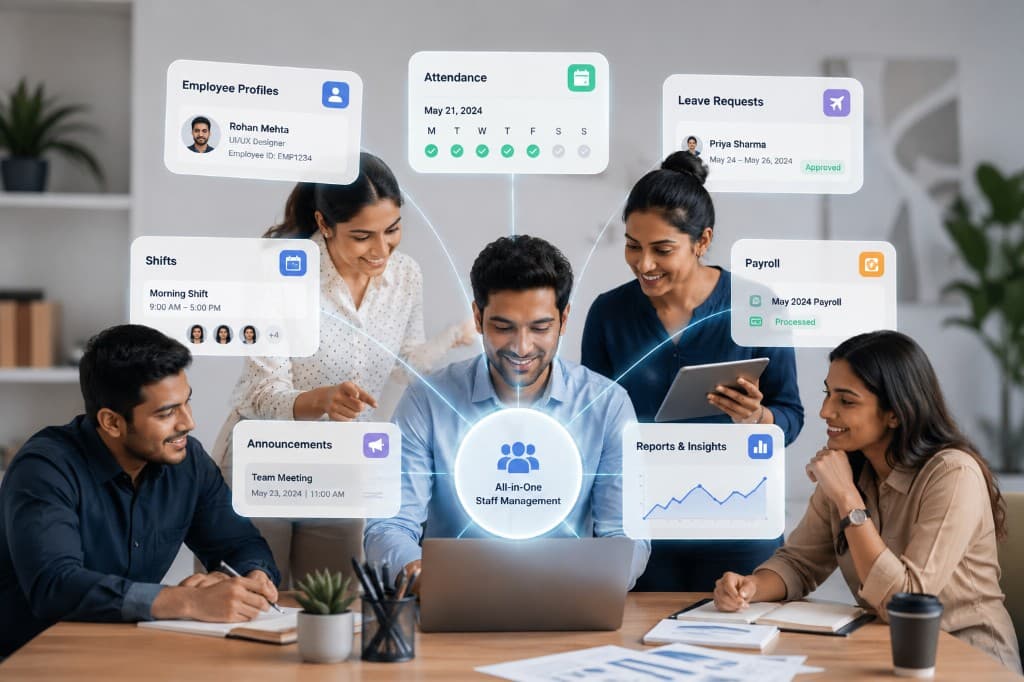 All-in-one staff management dashboard with profiles, attendance, leave, shifts, and payroll
