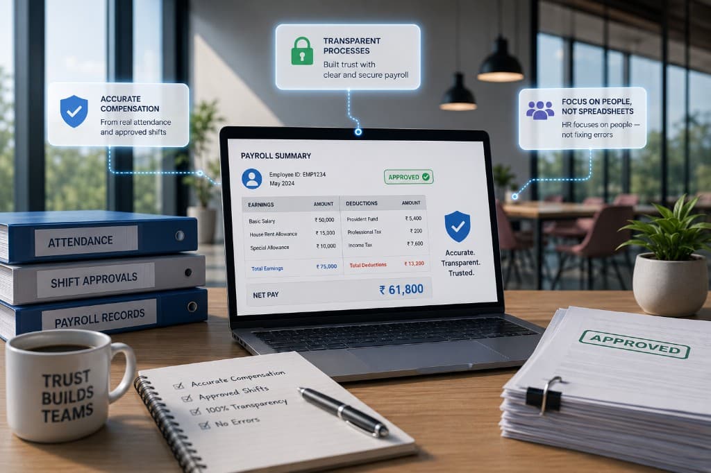 Accurate payroll summary with transparent compensation from attendance and approved shifts