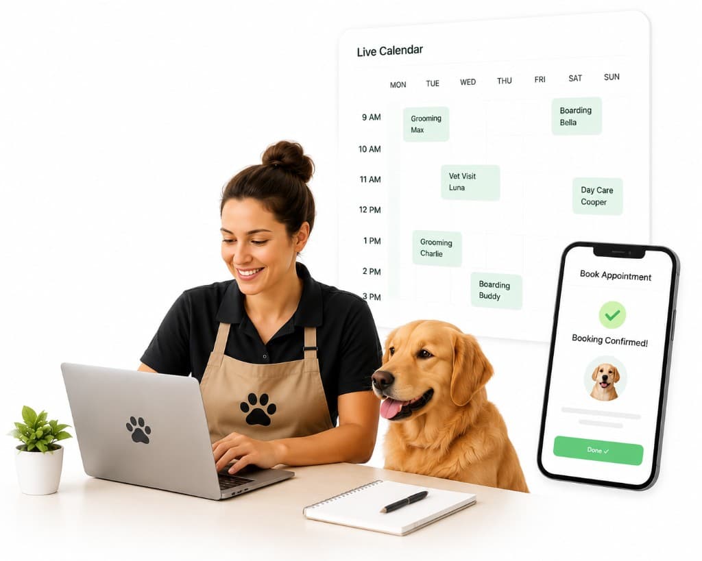 Pet care team using live calendar on laptop with golden retriever and mobile booking confirmation