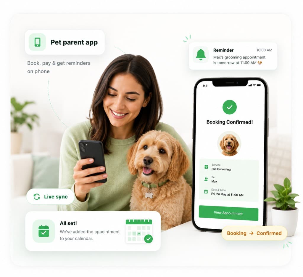Pet parent confirming grooming booking on mobile with appointment reminder