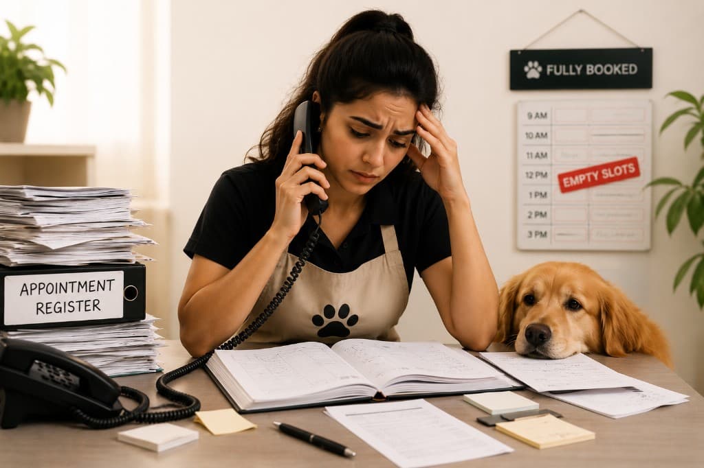 Overwhelmed pet clinic staff juggling phone calls and paper appointment registers