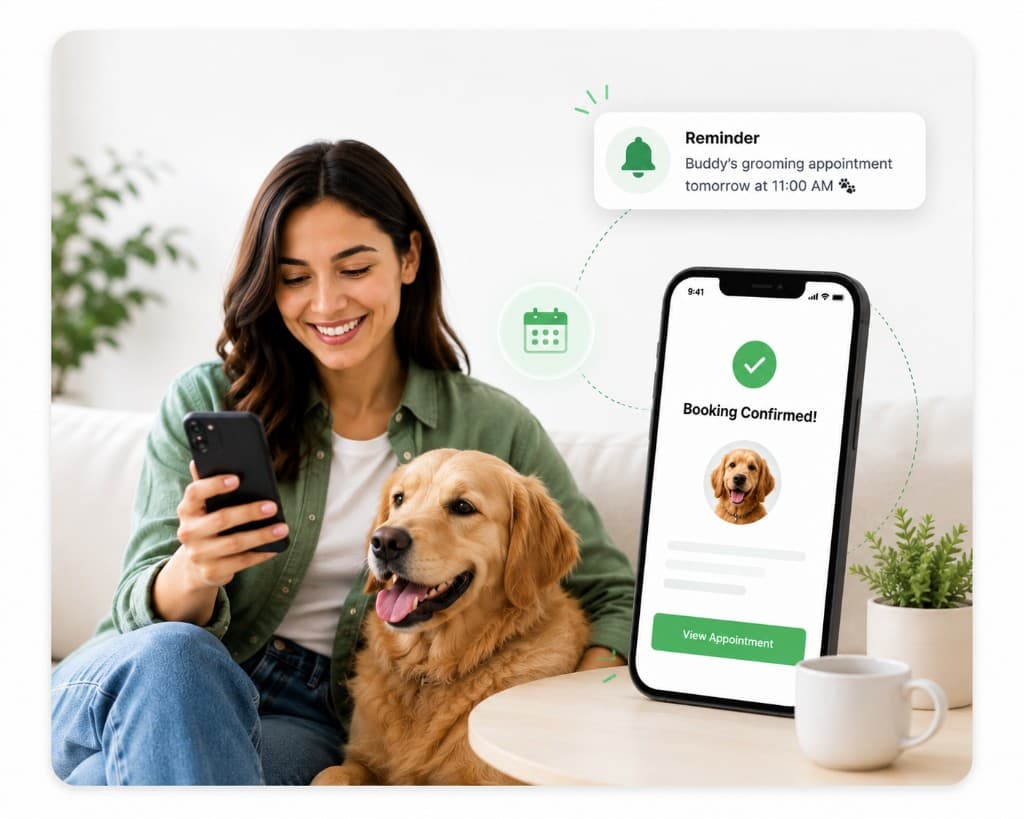 Pet parent with golden retriever confirming grooming booking on mobile