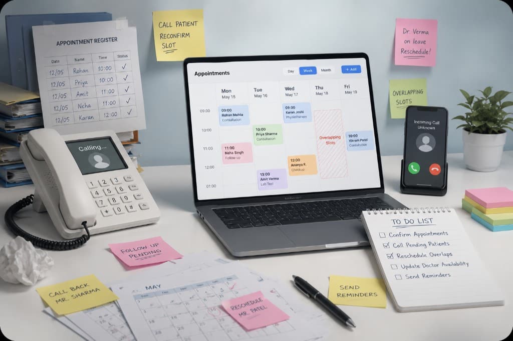 Overwhelmed clinic desk with overlapping appointments, phone calls, and manual scheduling
