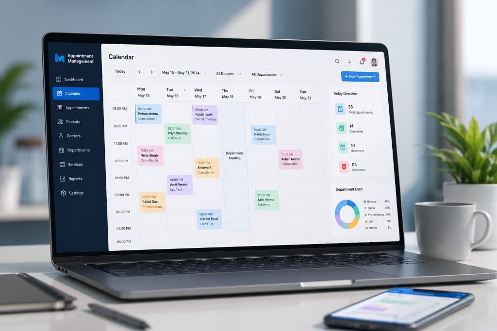 Appointment management calendar on laptop with department scheduling and analytics