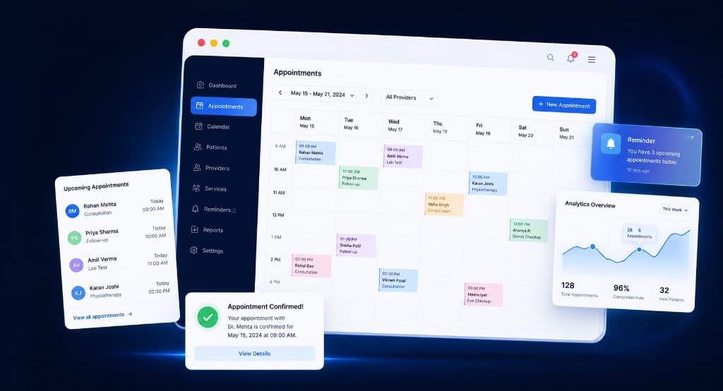 Medhostech appointment management dashboard with calendar, reminders, and analytics