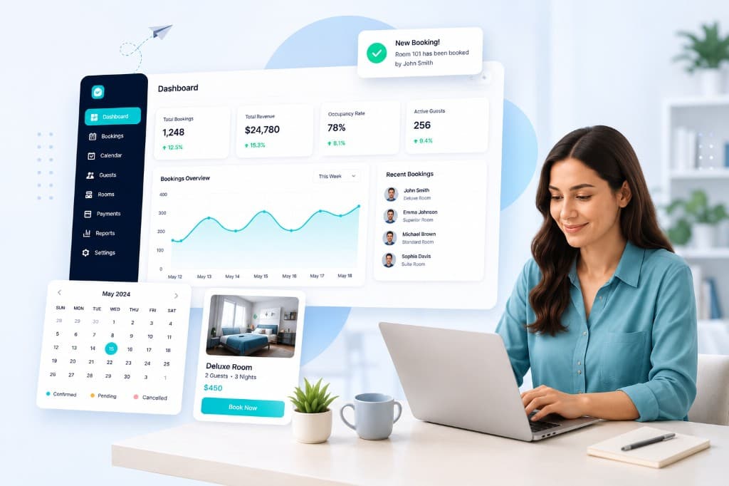 Salon manager using online booking dashboard with live calendar and notifications