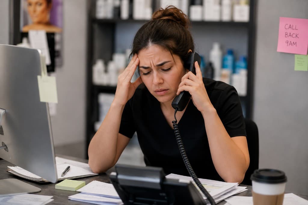 Stressed salon receptionist overwhelmed by manual phone bookings, paper registers, and sticky notes