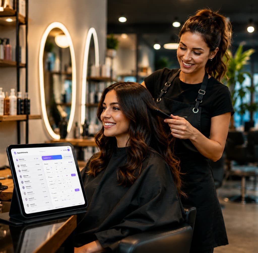 Salon stylist with happy client — appointments dashboard on tablet for online booking