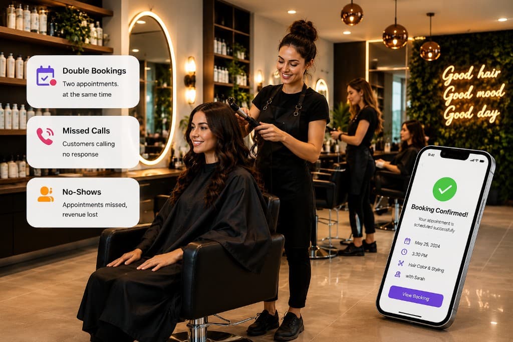 Salon stylist with client — online booking, reminders, and mobile confirmation