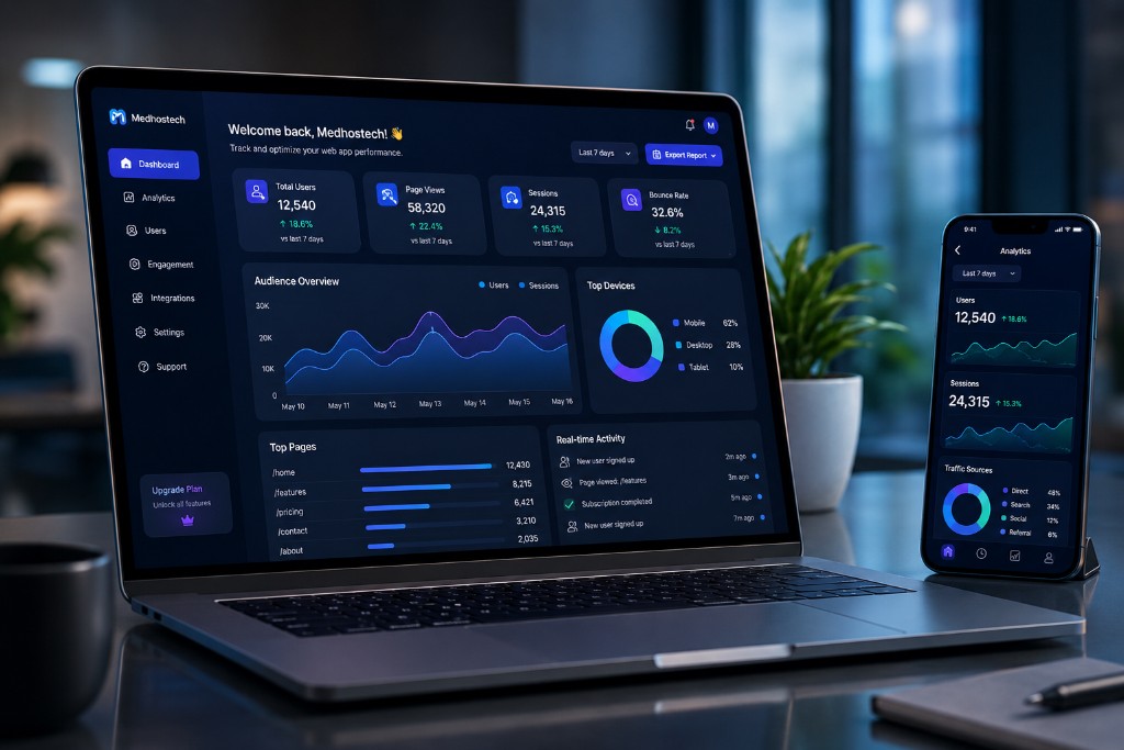 Medhostech PWA dashboard on laptop and mobile
